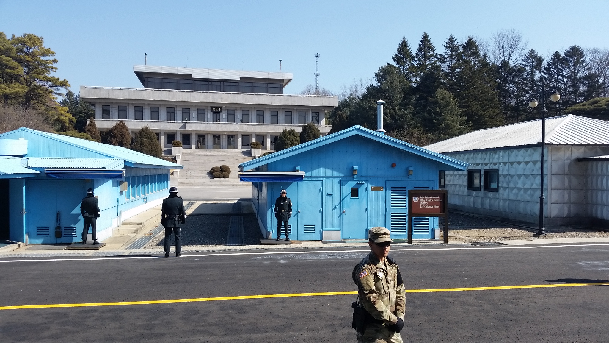 North Korea's Panmungak building, visible in the background behind Buildings T-2 and T-3.