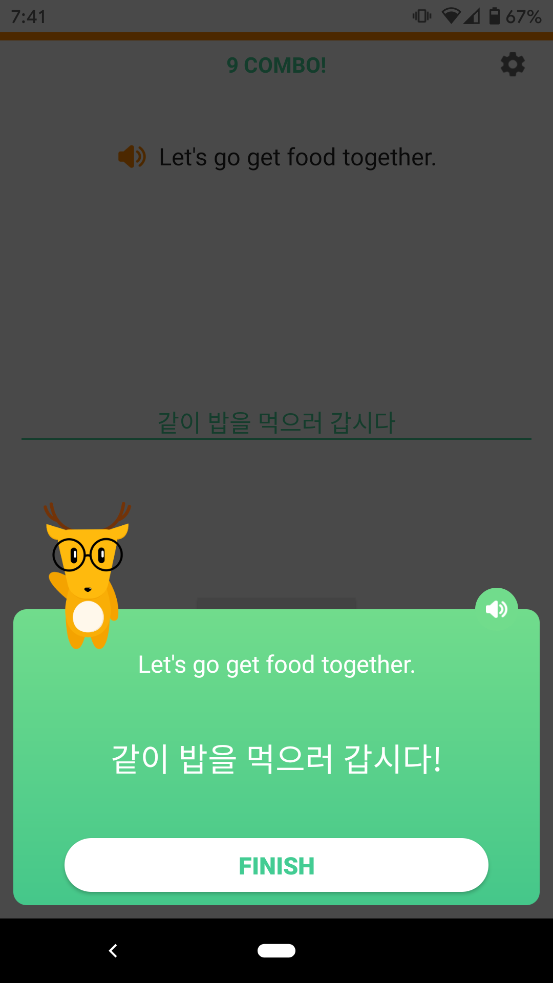 A screenshot of the LingoDeer app showing the successful completion of an exercise. The text says "Let's go get food together" in English and "같이 밥을 먹으러 갑시다" in Korean.
